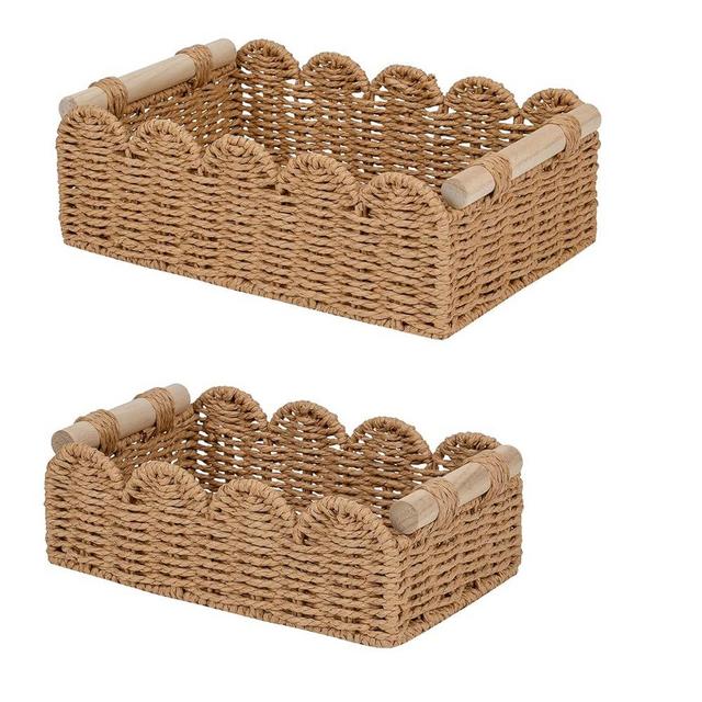 CubesLand Paper Rope Small Basket Set 2 Idea for Shelves &Home Storage and Organization, Stylish&Handmade Toilet Paper Basket with Wood Handle for Toilet Tank Top Shelves, Scalloped Edge Natural Bins