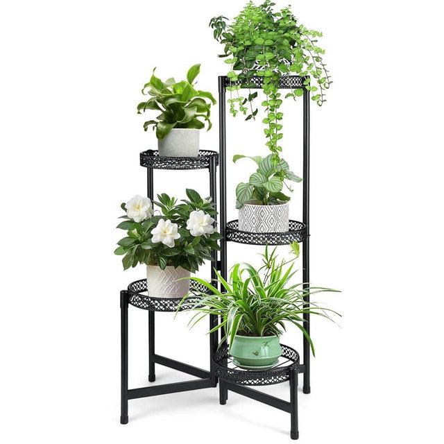 OUDUOPLANT Black Plant Stand Indoor Outdoor,5 Tier Metal Round Foldable Plant Stands,Modern Tiered Corner Plant Holder for Garden Living Room Balcony Patio