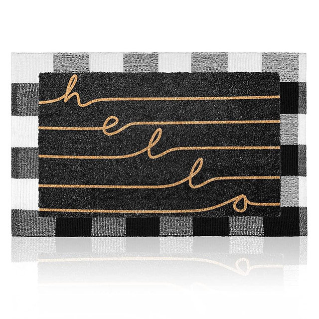 Emerson Essentials Natural Coir Door Mats, Front Outdoor Indoor Home Entrance Coco Doormats, 30x18, Entryway Porch Rugs with Cotton Buffalo Plaid Farmhouse Checkered Entry Way Welcome Decor – 2 Pack