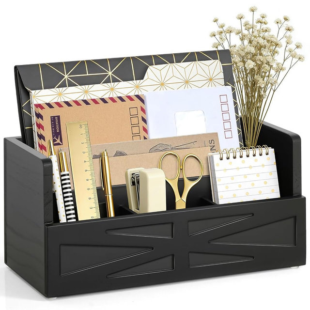 Mail Organizer Countertop, Wood Mail Holder Sorter for Desk, Rustic Bill Storage Organizer Box, Office Letter Basket for Document File Folder Paper Envelope (Black)