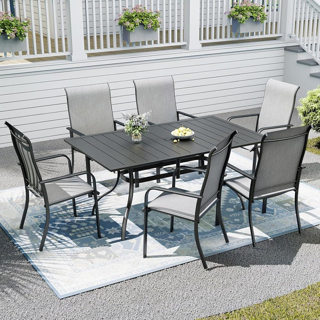Nixtopia 7-Pieces Patio Dining Furniture Set,63" Big Size Metal Patio Table with Umbrella Hole,Stackable 6pcs Outdoor Dining Chairs,Perfect for Garden Backyard Lawn Poolside