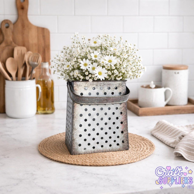 Galvanized Metal Cheese Grater Decor | Rustic Farmhouse Centerpiece | Vintage Kitchen Accent for Flowers & Greenery