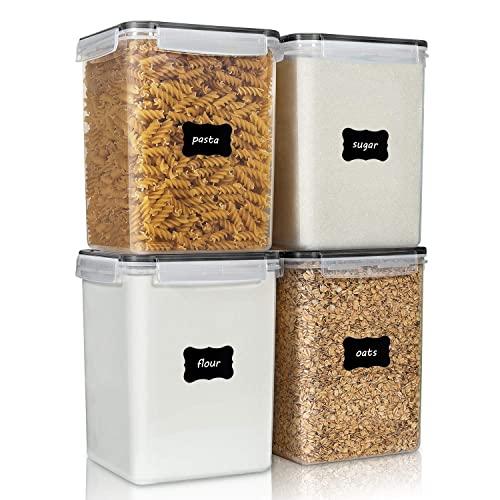 Large Food Storage Containers 5.2L / 176oz, Vtopmart 4 Pieces BPA Free Plastic Airtight Food Storage Containers for Flour, Sugar, Baking Supplies, with 4 Measuring Cups and 24 Labels, Black