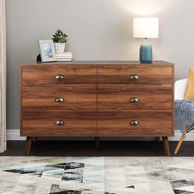 JOZZBY Mid-Century Dresser, 6 Drawer Dresser for Bedroom, Modern Walnut Dresser with Metal Handle, Wood Dresser Chest of Drawers for Living Room, Hallway