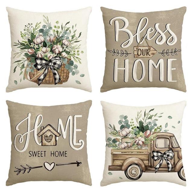 AVOIN colorlife Bless Our Home Farmhouse Eucalyptus Leaves Throw Pillow Covers, 18 x 18 Inch Truck Home Sweet Home Cushion Case Decorations Set of 4
