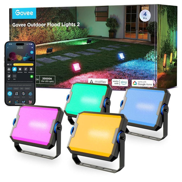 Govee Outdoor Flood Lights 2, RGBIC Warm Cold White LED Lights for Outdoor Decorations, 50 Scene Modes, Landscape Lighting, Upgrated IP66 with App Control, Wired 4 Pack