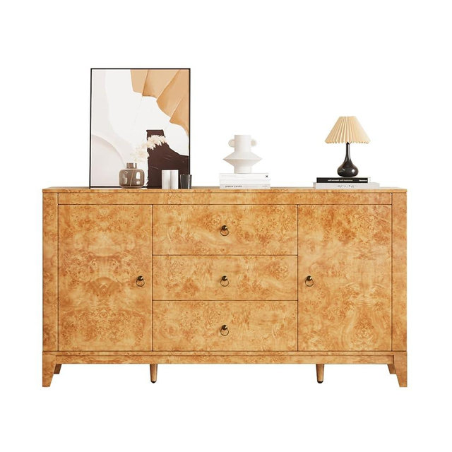High Gloss Sideboard Buffet Burl Wood 60'' Cabinet Buffet Table with 3 Drawers & 2 Closed Storages, Mid-Century Modern Sideboard for Dining Living Room, Blond Burl