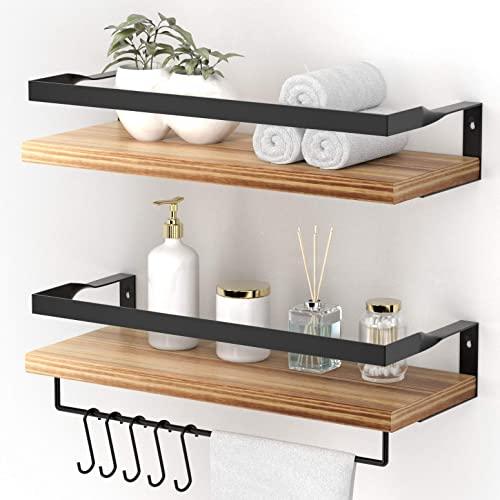 ENDOTO Floating Shelves with Towel Bar, Wall Mounted Storage Shelves Organizer for Bathroom, Kitchen, Bedroom, Living Room & Hallway, Set of 2