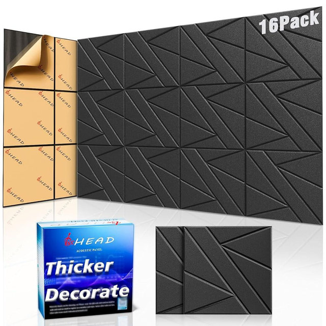 16 Pack Self-Adhesive Soundproof Wall Panels, 12 x 12 x 0.47 In Sound Proof Foam Panels for Walls, 1.2lb/ft³ High Density, Thicker 0.47in, Acoustic Panels, Noise Dampening Panels Studio Black
