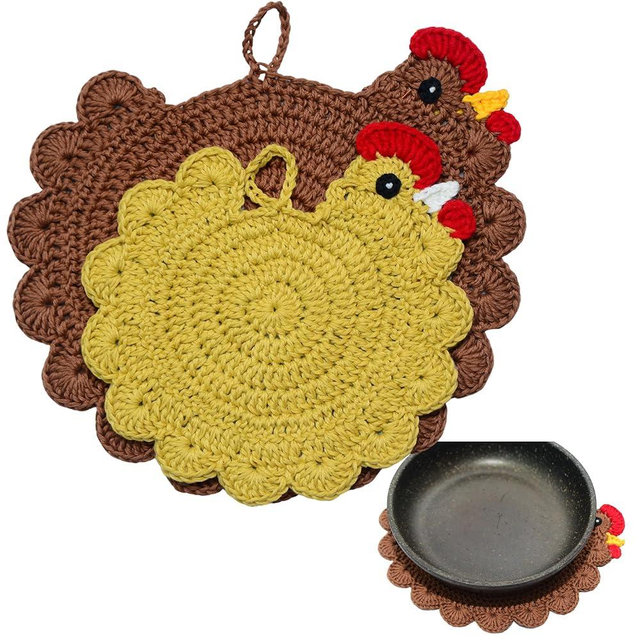 Handmade Crochet Chicken Trivets Set of 2, Chicken-Gifts, Pot Holders, Heat Resistant Farmhouse Kitchen Home Decor, Cooking, Baking, Cute Desk Accessories, Tabletop Protection