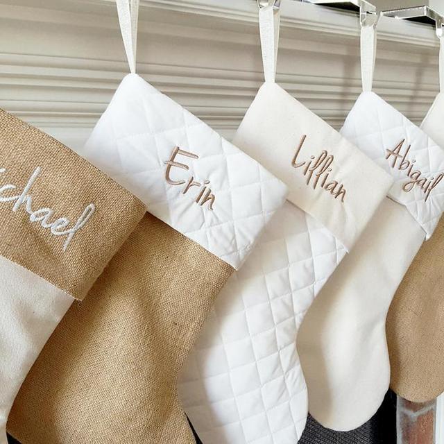 Christmas Stocking. Personalized Christmas Stocking. 8 Styles Christmas Stockings. Natural Burlap, Ivory Cream Quilted Christmas Stockings