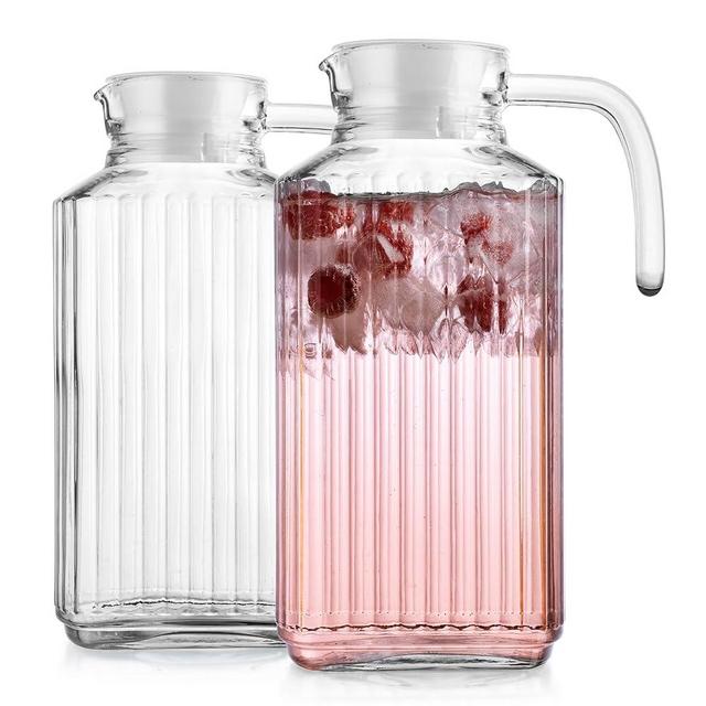 Fridge Pitcher Set of 2– 60 OZ. Glass Water Pitcher with Lid By Home Essentials & Beyond Practical and Easy to use Fridge Pitcher Great for Lemonade, Iced Tea, Milk, Cocktails and more Beverages.