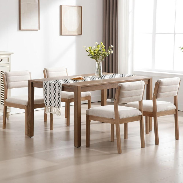 RIVOVA Linen Dining Chairs Set of 4, Comfortable Upholstered Kitchen Chairs with Wood Legs, Mid Century Modern Kitchen Chair Accent Side Chair for Living, Bedroom, Restaurant, Beige