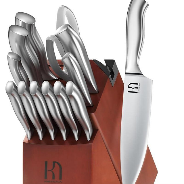 KnifeSaga Kitchen Knife Block Set - Enduring Sharpness Premium Block Knife Sets, 14 Pcs Japanese High Carbon Stainless Steel Knives Set for Kitchen, Chef Knife Set with Block and Built in Sharpener