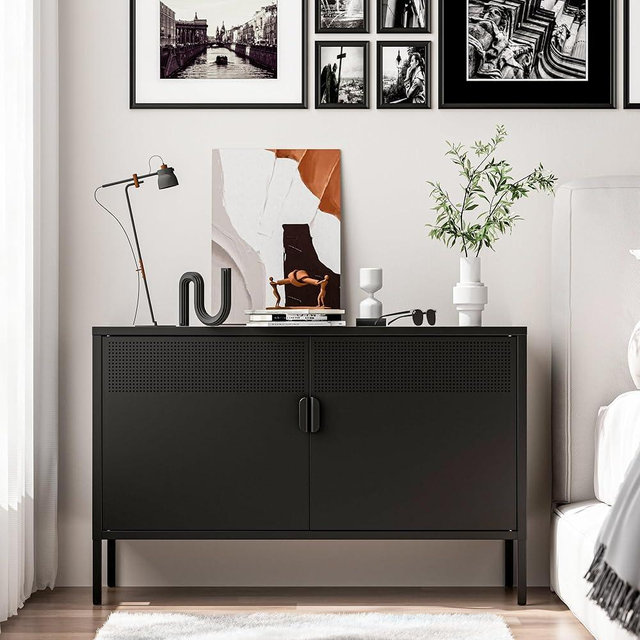 Washsemba 2 Door Storage Sideboard, Metal Storage Cabinet with 2 Adjustable Shelf,Multipurpose Metal Accent Cabinet for Office Home,Music Studio (Black, 25''H)