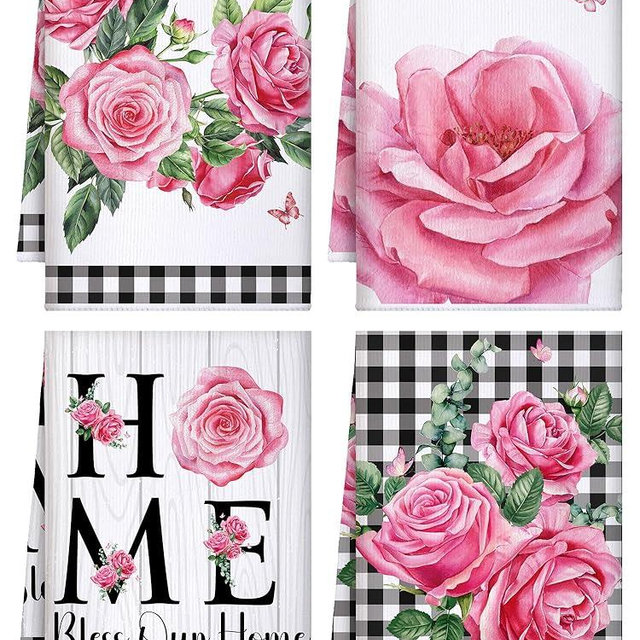 Bencailor 4 Pcs Pink Rose Kitchen Towels Flower Floral Hand Dish Towels Pink Buffalo Plaid Absorbent Dishcloth Fast Drying Decor Housewarming Gift for Women Mom Cooking Kitchen Bathroom
