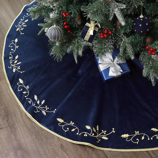 Bunny Chorus Christmas Tree Skirt, 60 inches Large Velvet Fur Plush Blue Tree Skirt, Xmas Tree Skirts with Gold Embroidered Holly Leaf for Merry Christmas Party Christmas Tree Decorations