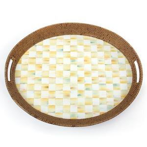 Parchment Check Rattan & Enamel Party Tray