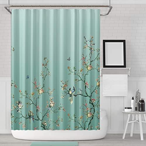 LIVETTY Fabric Floral Shower Curtain Set with 12 Hooks Watercolor Decorative Bath Curtain Modern Bathroom Accessories, Machine Washable, Multi-Color Flowers and Leaves, 72" X 72"