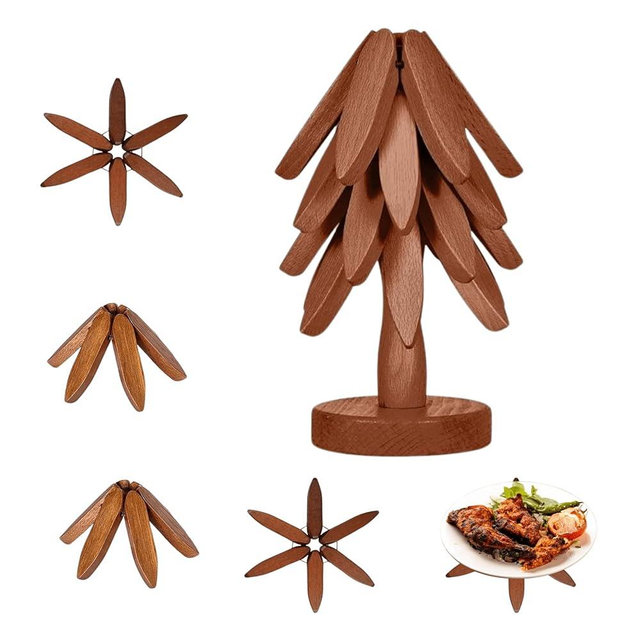Wooden Trivets Tree for Hot Dishes Cup Coaster -Tree Shape Trivet Set, Foldable Kitchen Wood Trivet- 4 Wooden Trivets + 1 Stand, Christmas Tree Coasters for Hot Pots, Pans, Bowl (Walnut Wood Color)