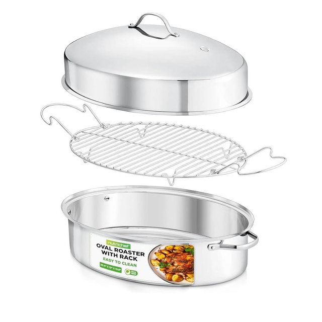 NutriChef 20" Oval Roasting Pan with Rack and Lid - Premium Stainless Steel Roaster
