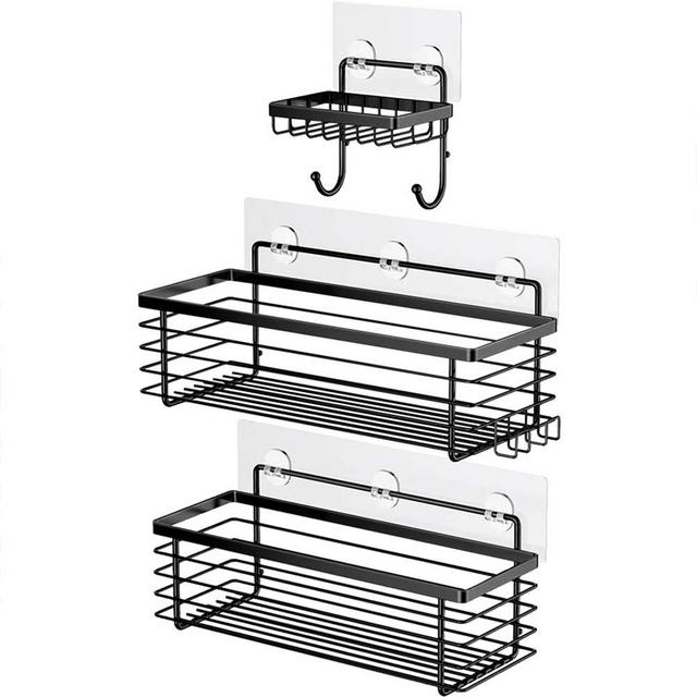 ODesign Shower Caddy Basket with Hooks Soap Dish Holder Shelf for Shampoo Conditioner Bathroom Kitchen Storage Organizer SUS304 Stainless Steel Rustproof No Drilling Adhesive 3 Pack - Black