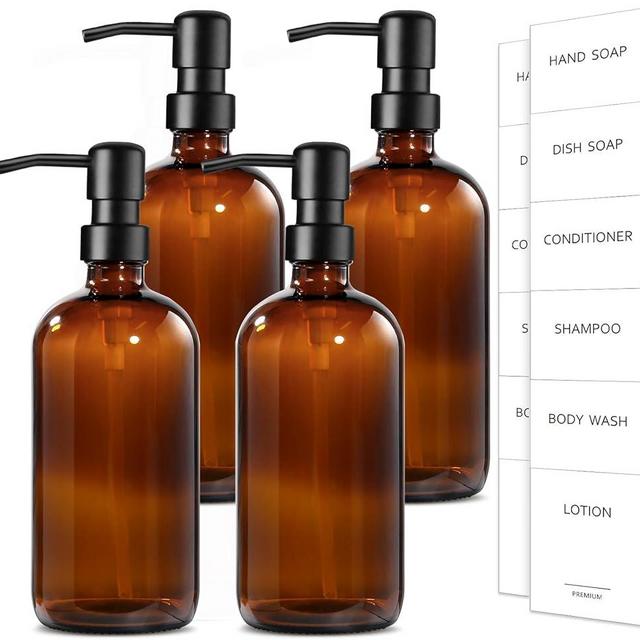 GMISUN Amber Glass Soap Dispenser, 4 Pack Bathroom Hand Soap Dispensers with Stainless Steel Pump, 17 Fl Oz Kitchen Hand and Dish Soap Dispenser Set, Modern Vintage Liquid Brown Soap Dispensers Bottle