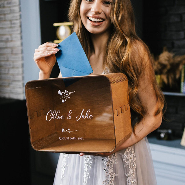 Personalized Wedding Card Box for Rustic Wedding Decor, Wooden Drop Box with Slot for Cards and Envelopes, Unique Anniversary Gift for Her