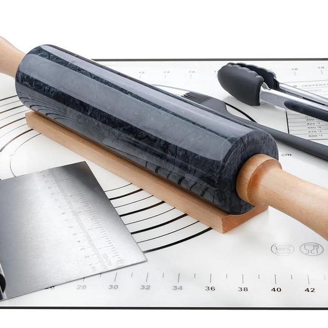SIPARUI Marble Rolling Pin Set with Silicone Pastry Mat,Stainless Steel Scraper,Silicone Brush,Silicone Tongs,18.5 inch Polished Non-Stick Roller for Pizza Dough,Fondant,Pie Crust(Gray Black)