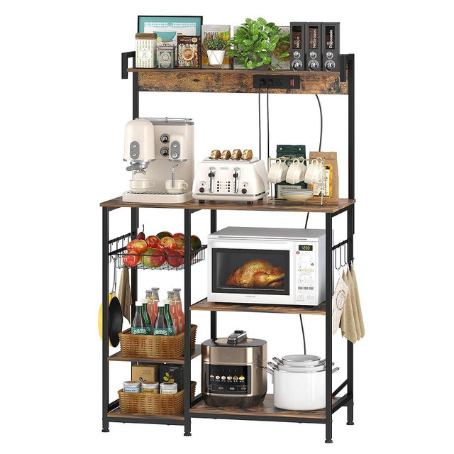 PUSDON Bakers Rack with Power Outlet, Microwave Shelf Coffee Bar Large Kitchen Storage Rack with Wire Basket, for Spices, Pots and Pans Organizer, Burning Clouds