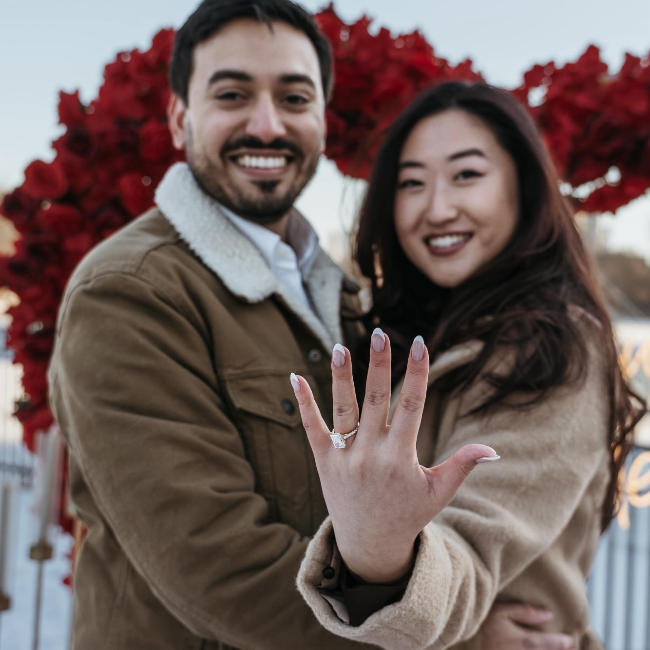 On their first Valentine’s Day in 2018, Ido gave Isabella a dozen red roses.
When he proposed it was freezing and at one of our favorite spots in Lincoln Park we had a 9 course meal at North Pond!