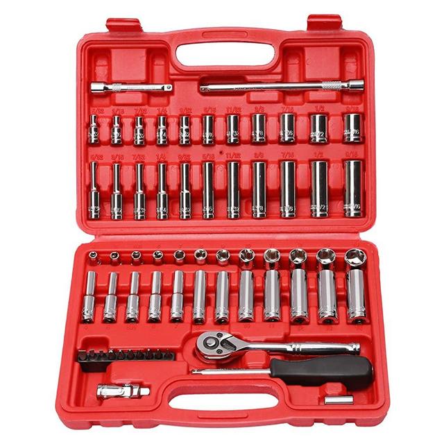 CASOMAN 1/4-Inch Drive Master Socket Set with Ratchets,Universal Joint, Extensions with 1/4’‘ Dr. Bits Set, Inch/Metric, 6-Point, 5/32-Inch - 9/16-Inch, 4 mm - 14 mm, 62-Piece 1/4" Dr. Socket Set