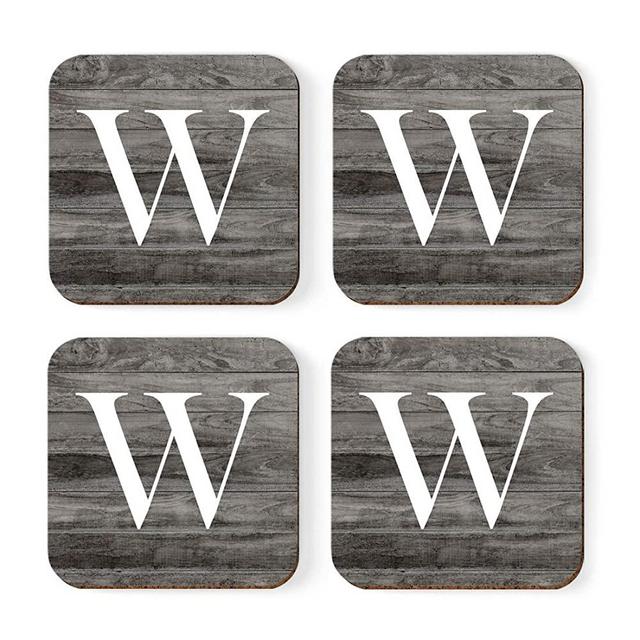 Andaz Press Square Coffee Drink Monogram Coasters Gift Set, Initial Letter W, Dark Gray Farmhouse Rustic Wood, 4-Pack, Wedding Bridesmaid Groomsman Gifts, Housewarming Christmas Gift Ideas