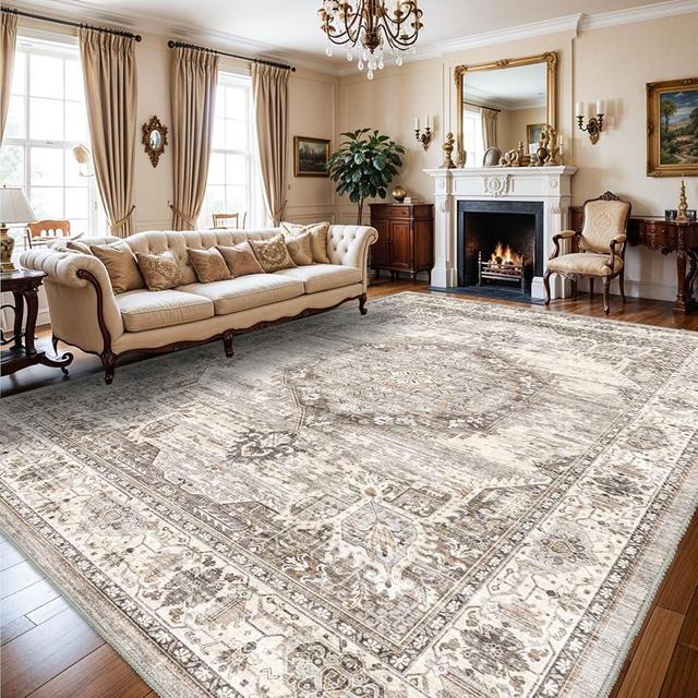 Area Rugs 10x14 Living Room：Machine Washable Rug - Soft Carpet for Bedroom - Stain Resistant Vintage Distressed Area Rug 10'x14' Beige