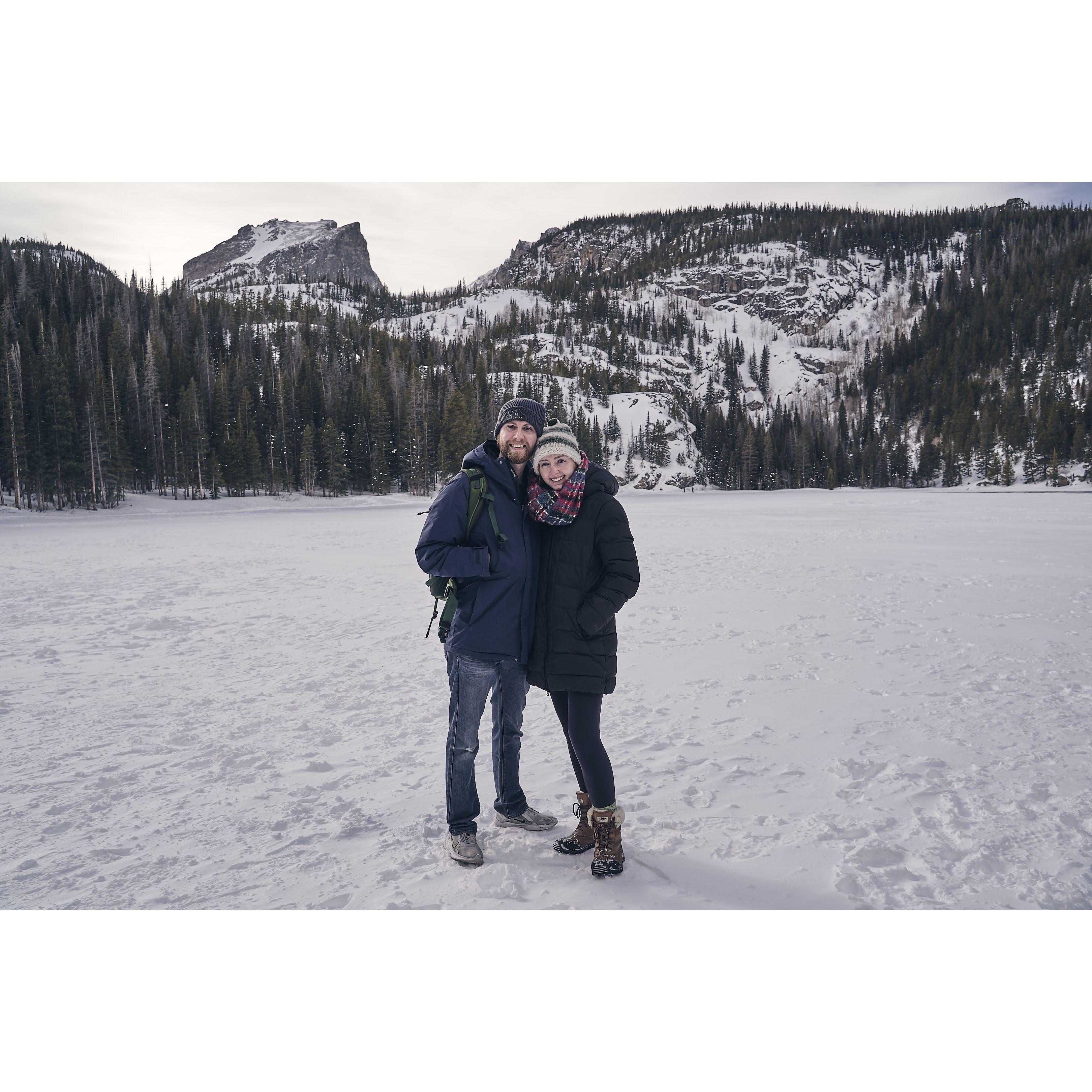 We visited a lake we previously hiked in 2020 at Rock Mountain National Park. This time it was a little chillier and the lake was frozen.