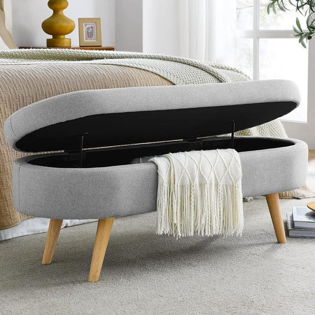 ECLYL Oval Storage Bench 43.5" Linen Fabric Upholstered Entryway Bench with Solid Wood Legs Ottoman Bench Indoor Bench for Living Room/Bedroom/End of Bed/Entryway (Grey)