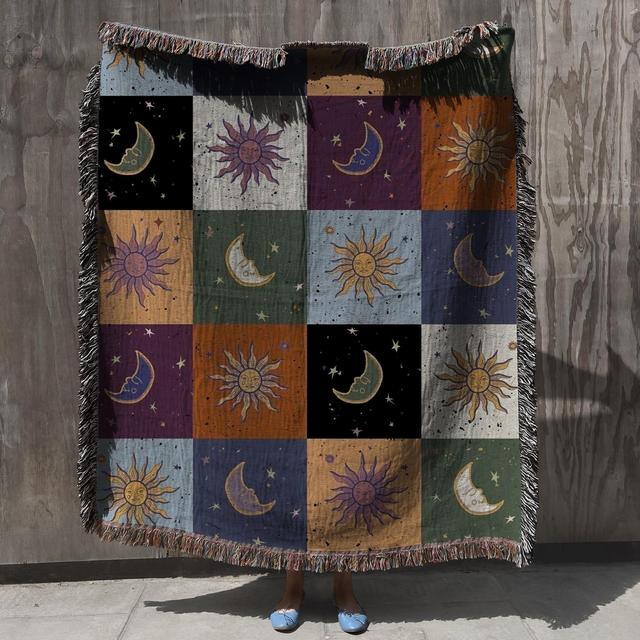 Boho Sun and Moon Woven Blanket - Celestial Checkerboard Throw Blanket, Vintage Astrology-Inspired Tapestry, Cozy Bohemian Home Decor Gift