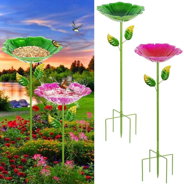 Retyion 2 Pack Bird Baths for Outdoors, Colorful Metal Bird Bath for Outside, Hummingbird Bath with Five Stakes, Garden Flower Small Birdbath for Garden Decor, 31.3" H x 10.63" Dia (Red,Green)