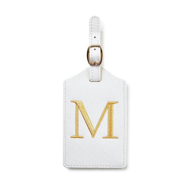 Initial Luggage Tag, PU Leather Luggage Tag, Embroidered Luggage Tag, Letter Luggage Tag, Monogrammed Luggage Tag, Luggage Tag for Baggage Bag Suitcase (M, White Leather+Gold Letter)