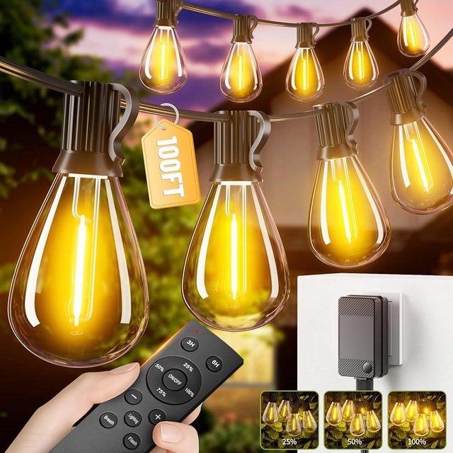 Amzrap 100FT Outdoor String Lights with Remote, Waterproof Patio Lights with 35+1 Shatterproof S11 LED Bulbs,2700K Low Voltage Adapter for Backyard Garden Porch Bistro Decor, Timer & Dimmer Modes