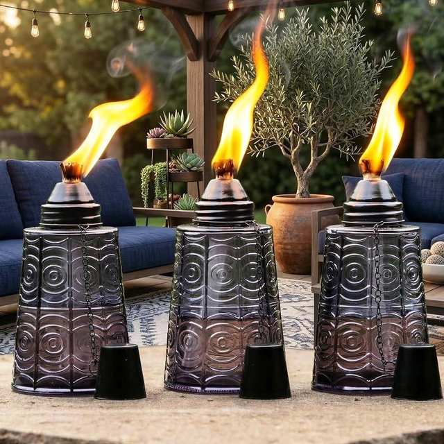 Seraphic Citronella Table Top Torches for Outdoor Patio, 16oz Decorative Glass Torch Citronella Candles for Outside Deck, Garden, Parties, Set of 3, Black