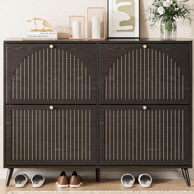 Fsbecl Shoe Storage Cabinet for Entryway with 4 Flip Drawers, Narrow Shoe Organizer with Fluted Panel, Freestanding Wood Hidden Shoe Cabinet for Foyer, Hallway (Black, 4 Flip Drawers)
