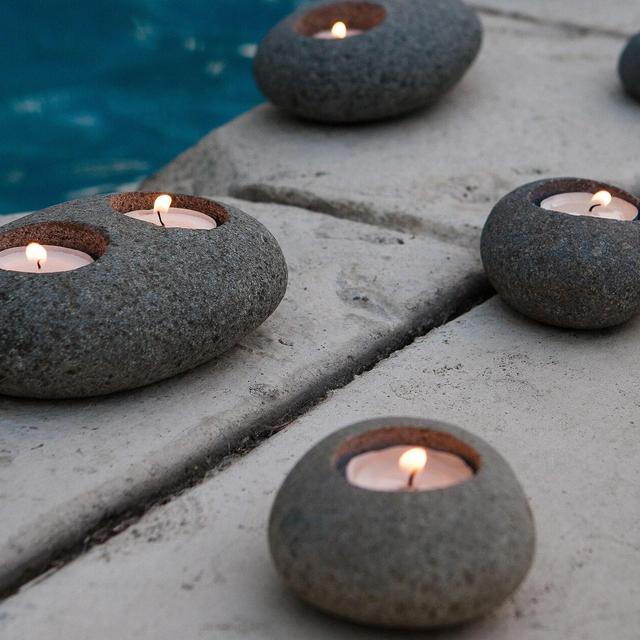 Natural Beach Pebble Tea Light Candle Holder Stone Candle Holder Single Double Hole Zen Garden Wedding Gift
