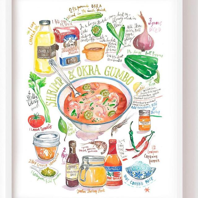Shrimp and Okra Gumbo recipe print, Cajun cuisine poster, Watercolor painting, Creole kitchen wall art, Louisiana decor, Southern food print