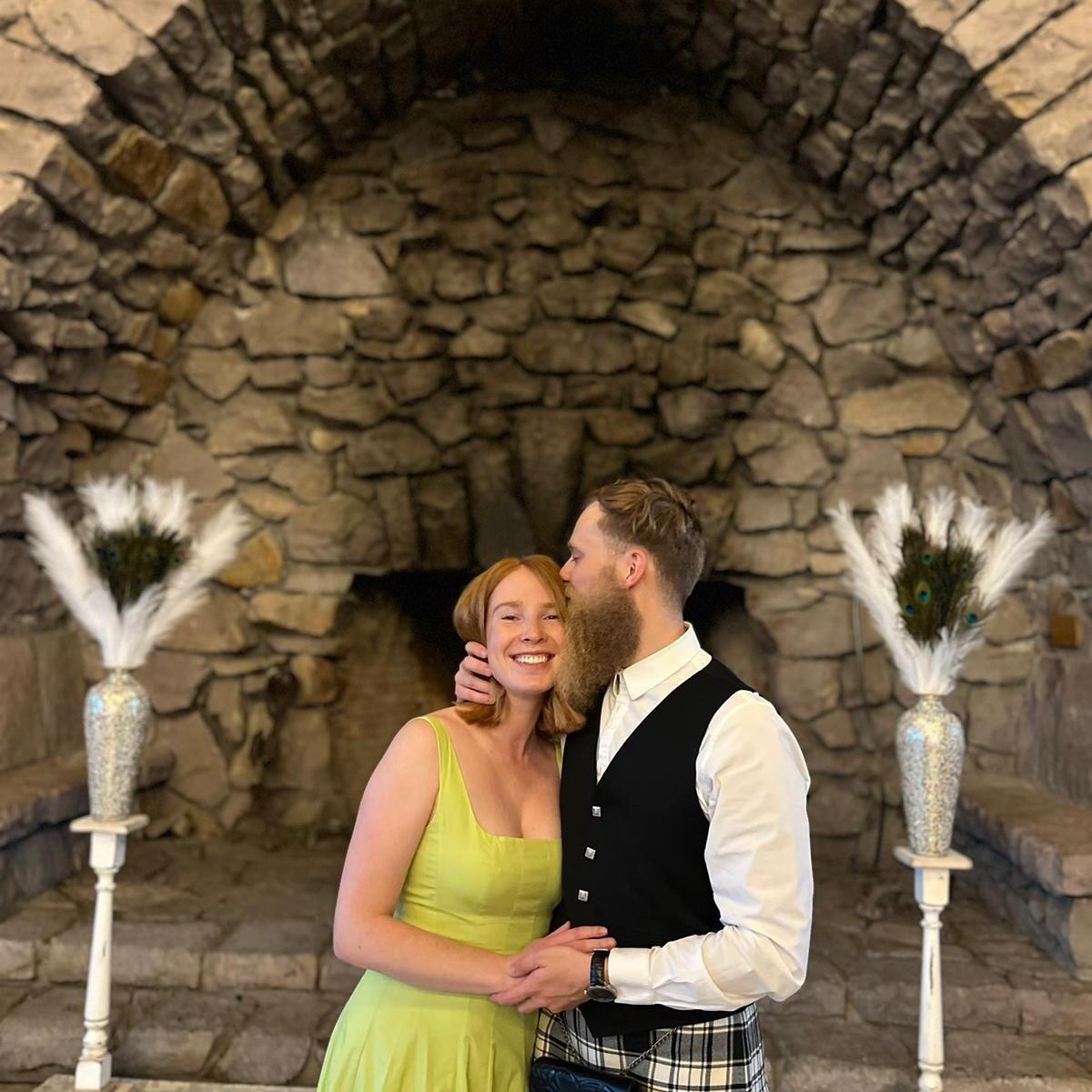 Sneak peek of PC in his groom attire (kilt), as "man" of honor at friends Andrea & Sebastian's wedding.