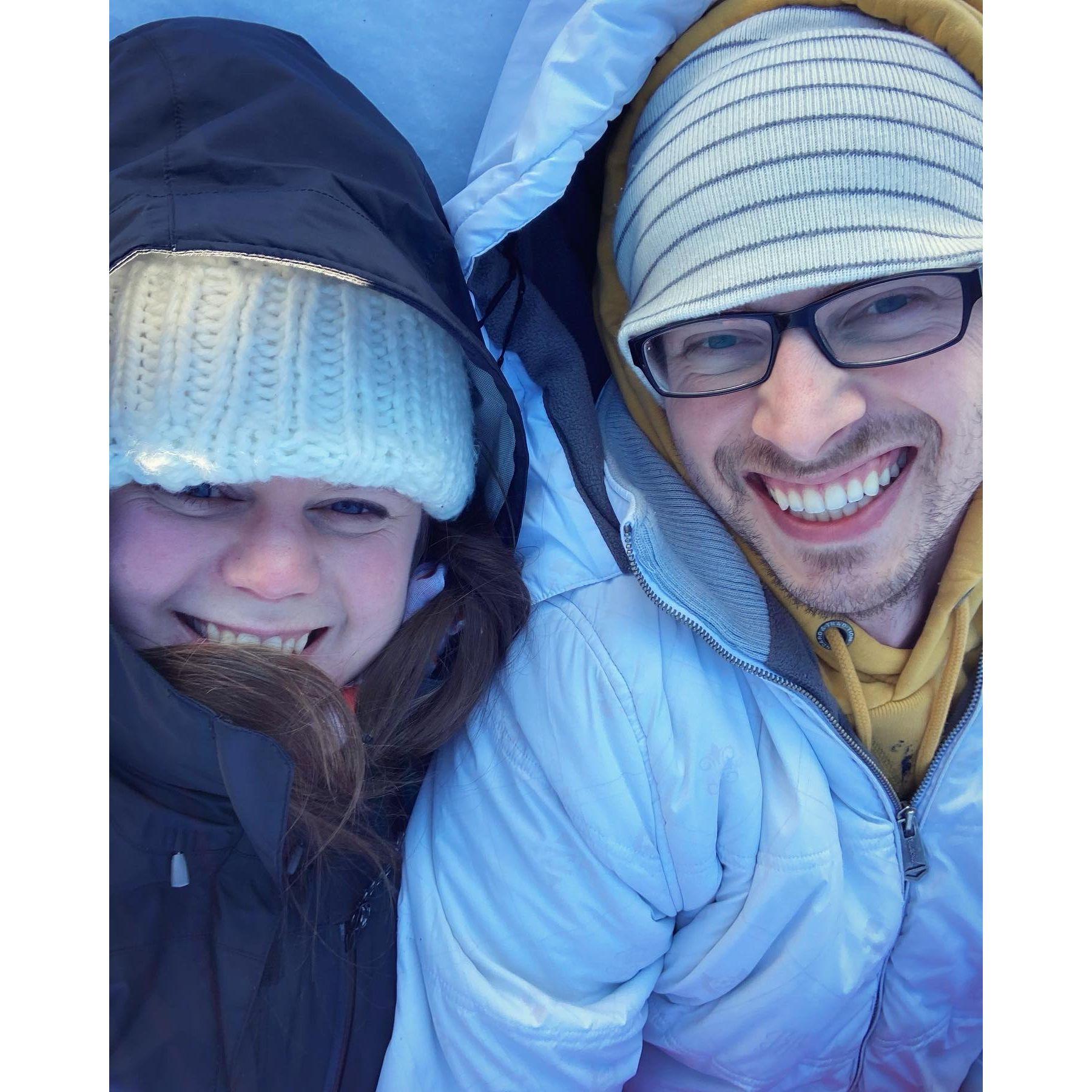 On our 3rd or 4th date, we layed down on a frozen pond and shared what we were looking for in a relationship. Luckily we finished talking before a police officer told us to leave and gave us a ticket!