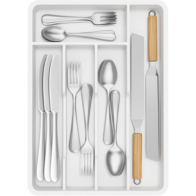 Lifewit Silverware Tray, Deep Wide Cutlery Drawer Organizer Storage for Kitchen, Plastic Flatware Utensil Holder Divider for Spoons Forks Knives Tableware, 5 Compartment, White