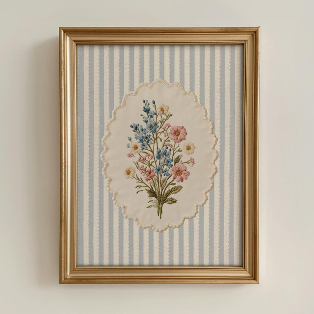 Vintage Embroidered Floral Print: Cottage Decor, Bouquet of Flowers Poster, Vintage Nursery Wall Art (Physical Print)