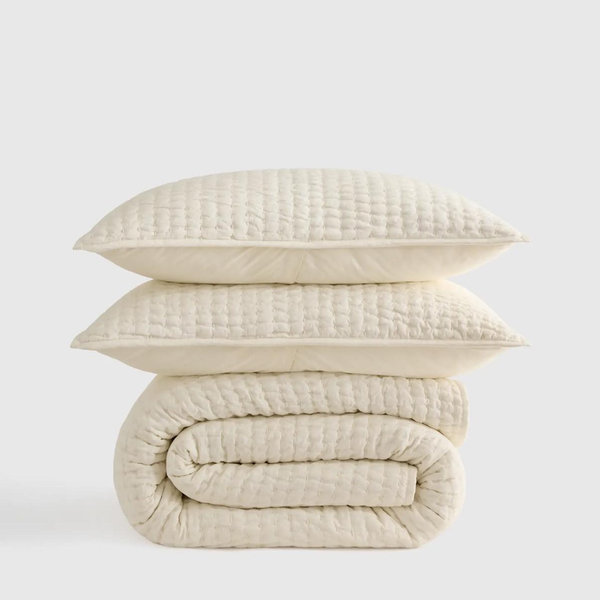 European Linen Cotton Stitch Quilt Set - Ivory, Full/Queen