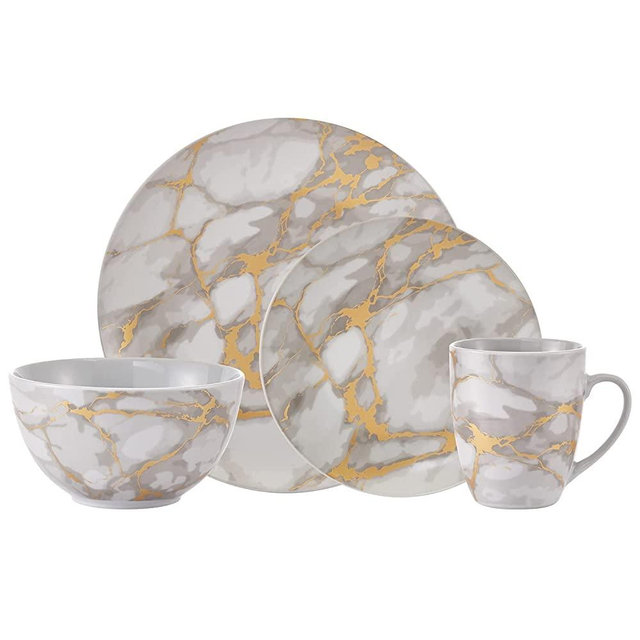 Safdie & Co. Gold Marble 16 Piece Dinnerware Set, Service for 4, Fiesta Dinnerware, plates and bowls sets, home trends and home food network essentials, Porcelain dinner plates